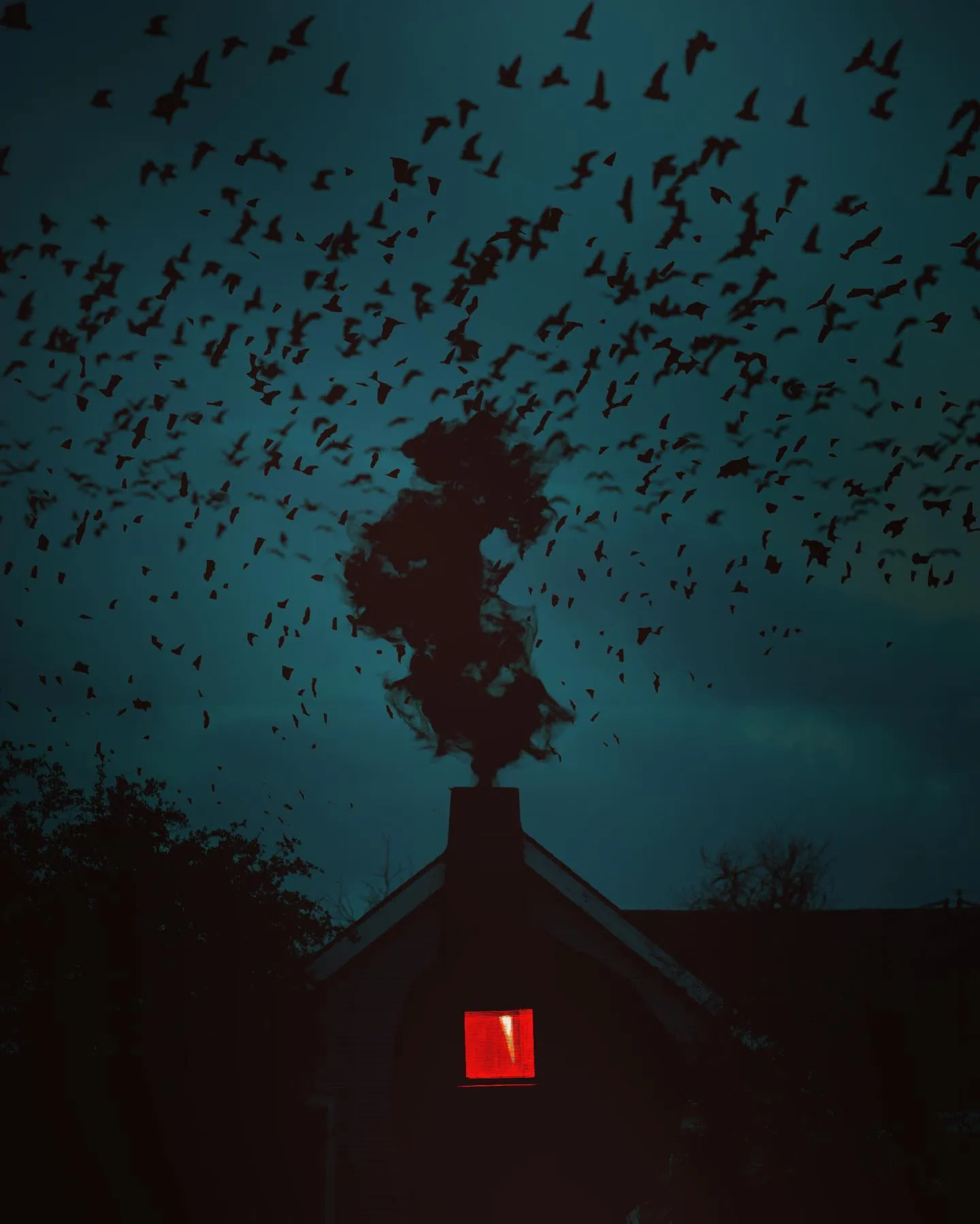 The silhouette of a tree and a flock of birds against a pale sky, a red glow at its base.
