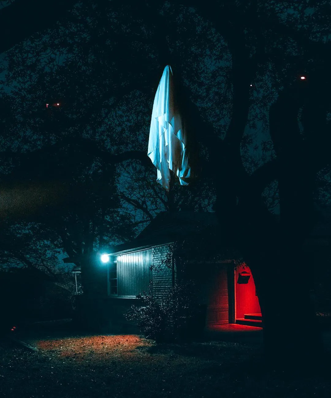 A white cloth draped over a tree branch at night, a house with a red-lit window behind it.