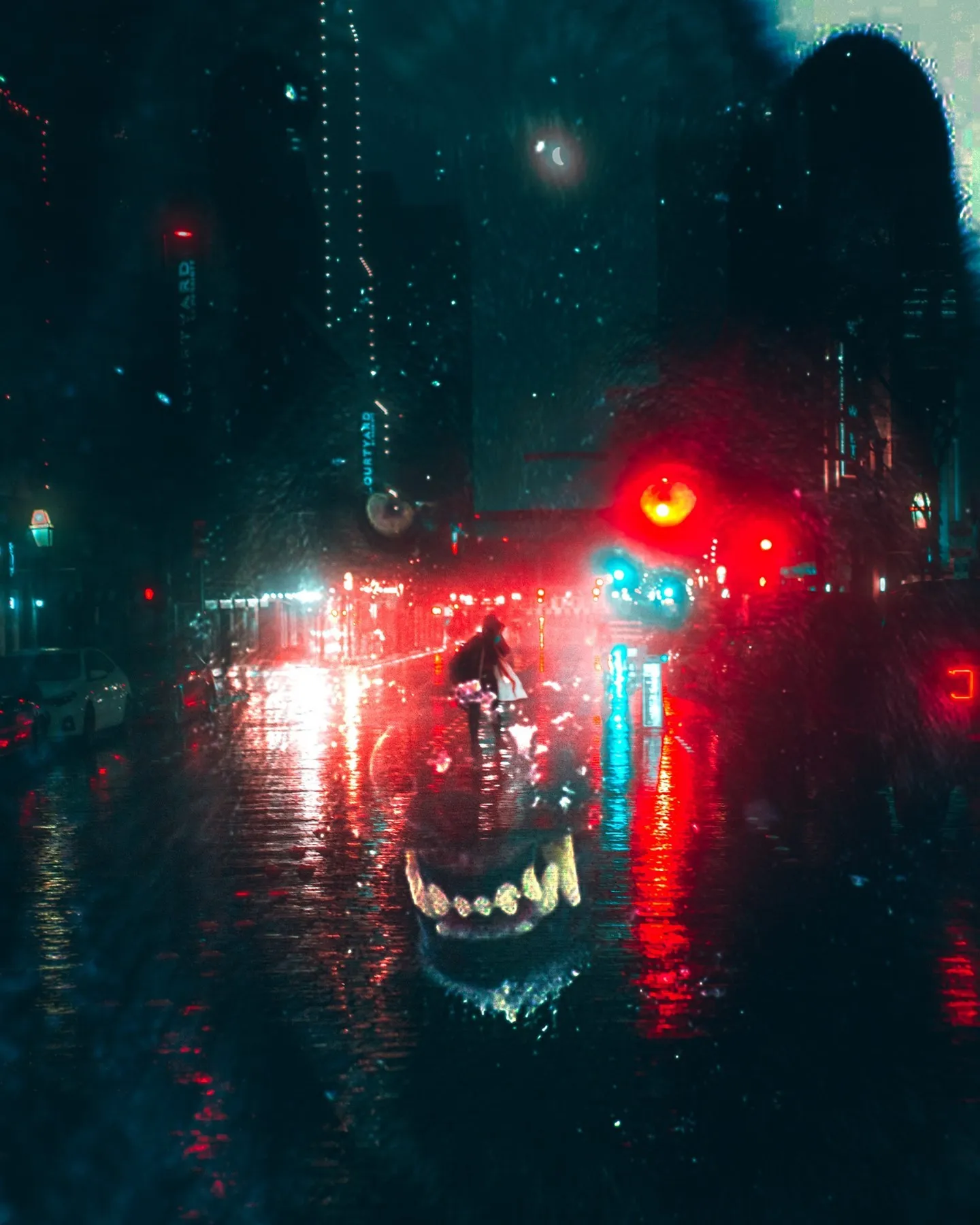 A wet street at night with red and green neon reflections and a figure passing through.