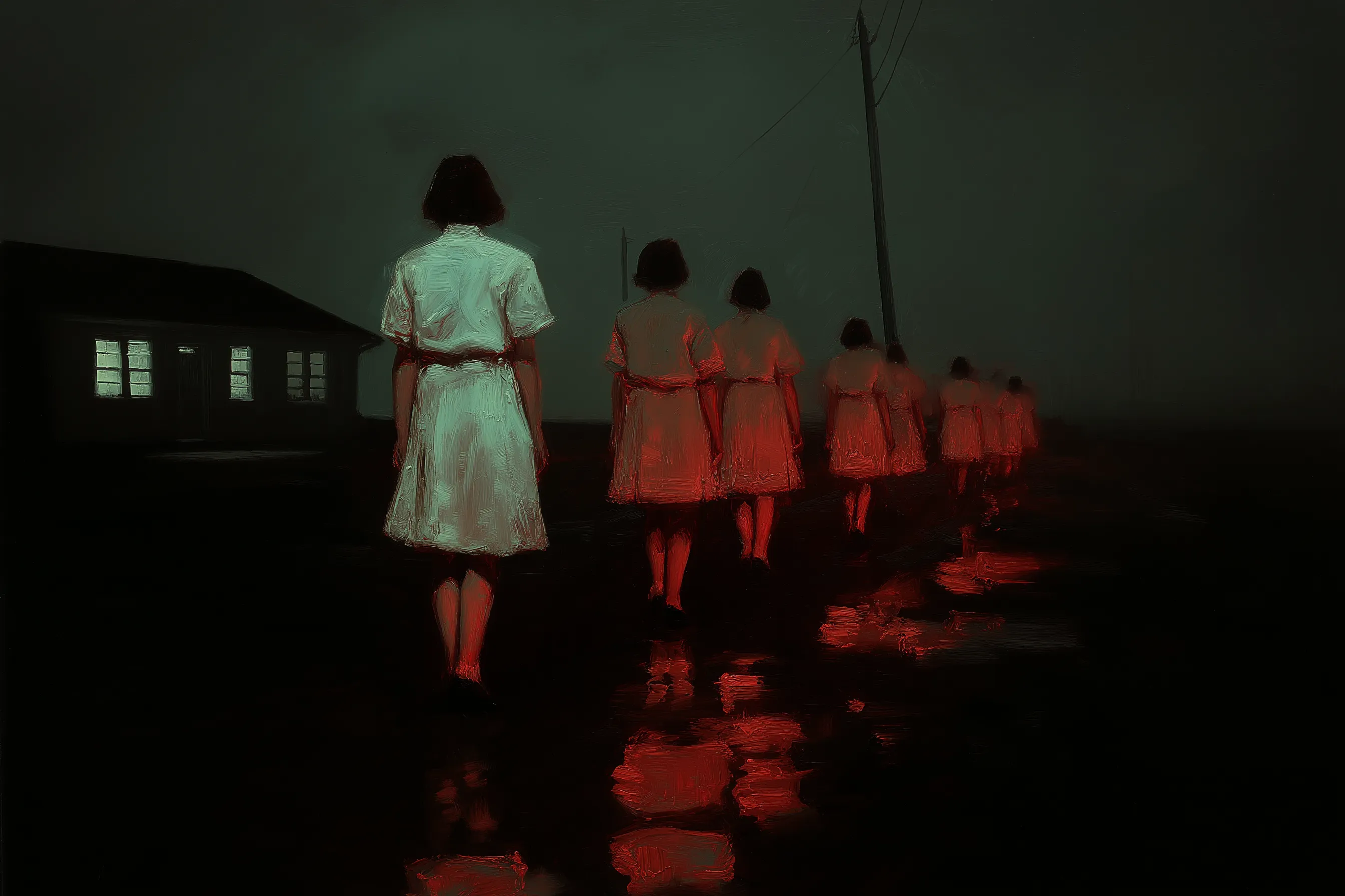 Printed campaign image treatment with figures and red editorial texture